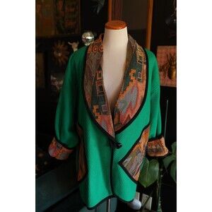 Vintage Viktoria Chulay Kelly Green Southwestern Wool Aztec Draped Duster Coat
